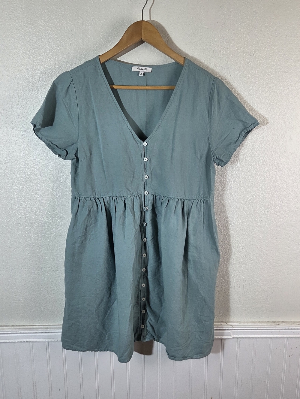 Madewell Blue Linen Blend Button Front Mini Dress Pockets Short Sleeve Medium